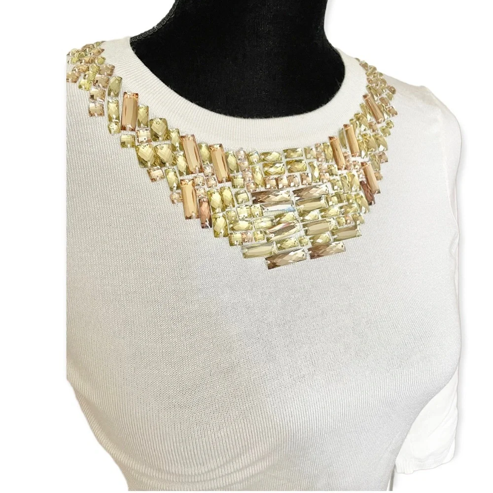 Chelsea & Theodore women jeweled embellished 3/4 sleeve sweater ivory festive XS